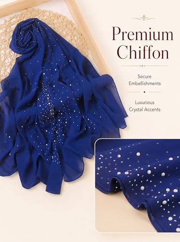 Chiffon Hijab Scarf for Women, Rhinestone Pearl Muslim Head Scarf, Lightweight Shawl Wrap - color: Royal Blue