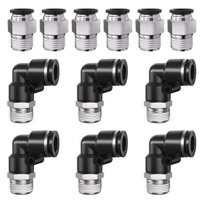 1/4 Push to Connect Fittings npt Thread to 5/16 Air Line quick | Pneumatic Tubing Hose 5/16 OD Tube to 1/4 npt, Male Elbow 90 Degree Straight Coupler - size: 5/16"OD x 1/4"NPT