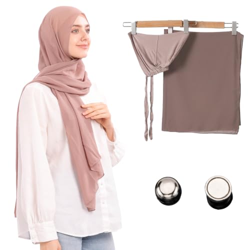 Jonglroy Muslim Chiffon Hijab magnets Head Scarf with Matching Tie Back Jersey Undercap - color: Deep Pink