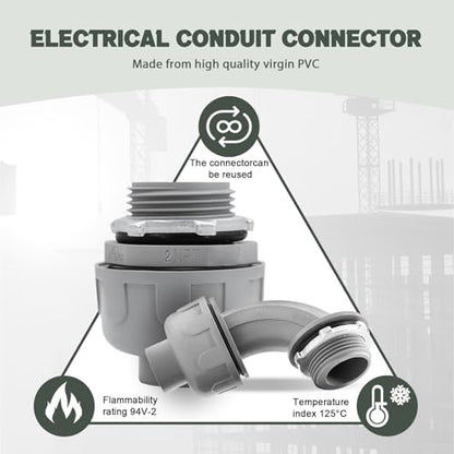 4 Pack 2 Inch Liquid Tight Connectors - PVC Electrical Conduit Fittings, Straight, 90 and 180 Degree Non-Metallic Flexible Connectors for Home, Bathroom, and Kitchen, Gray - size: 2 Inch 4-Pack (90D+180D)