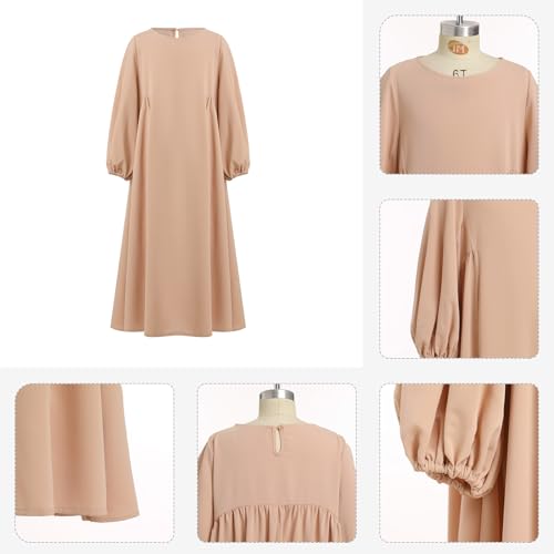 Kids Girls Muslim Abaya Long Lantern Sleeve Robe Maxi Dress Dubai Islamic Pleated Prayer Dress Full Cover Kaftan Casual - color: Khaki, size: 5-6 Years
