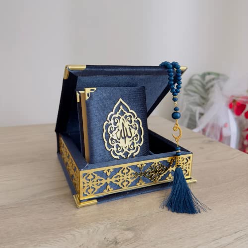 Velvet Covered Quran Tasbeeh Set - Holy Quran Prayer Beads, Wooden Gift Box, Islamic Wedding & Graduation Gift, Muslim Eid & Ramadan Favor (Navy Blue) - color: Navy Blue