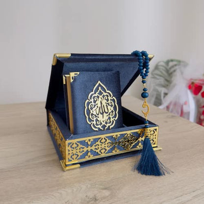 Velvet Covered Quran Tasbeeh Set - Holy Quran Prayer Beads, Wooden Gift Box, Islamic Wedding & Graduation Gift, Muslim Eid & Ramadan Favor (Navy Blue) - color: Navy Blue