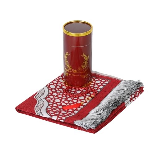 Muslim Prayer Rug Islamic Mat with Prayer Beads - Soft Chenille Janamaz Sajada Carpet Mat for Men Women - Ramadan Travel Eid Gifts (Burgundy with Box) - color: Burgundy