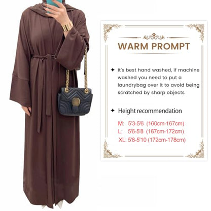 2PCS Women's Muslim Dresses Abaya Islamic Dubai Prayer Dress Robe Long Cardigan Maxi Dress - color: Dark Brown, size: Large