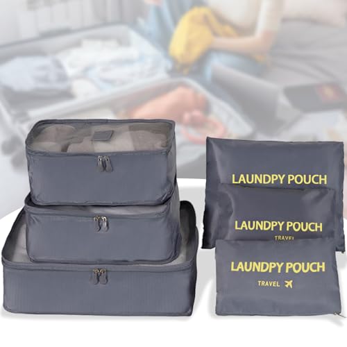 6 Set Travel Packing Cubes Lightweight Nylon Suitcase Luggage Organizer Bags Machine Washable Travel Clothes Packing Bag (Grey) - color: Grey 6 Set