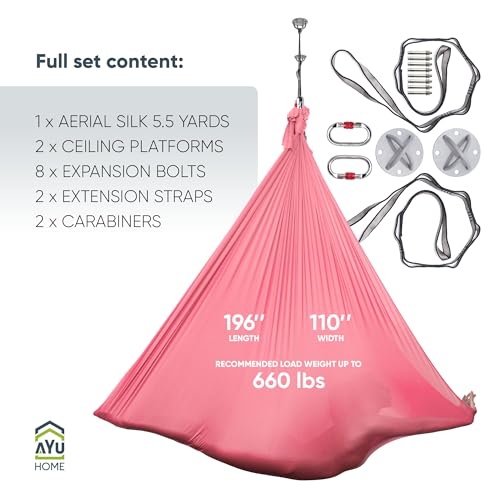 AyuHome Aerial Silks Kit for Home - Premium Yoga Swing for Adults with 660 lbs Capacity - Versatile Aerial Yoga Hammock for Gymnastics Training - color: Aerial silk - Pink New