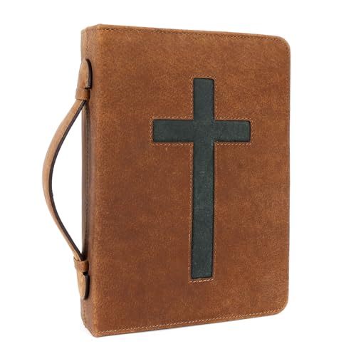 ELIZO Leather Bible Cover Bible Case for Men Women Genuine Leather Bible Bag Holder Cross Large Carrying with Zipper Case Protector Christian Religious Gifts for Mens Pioneer Saddle Green Study/Large - color: Saddle & Green, size: Large