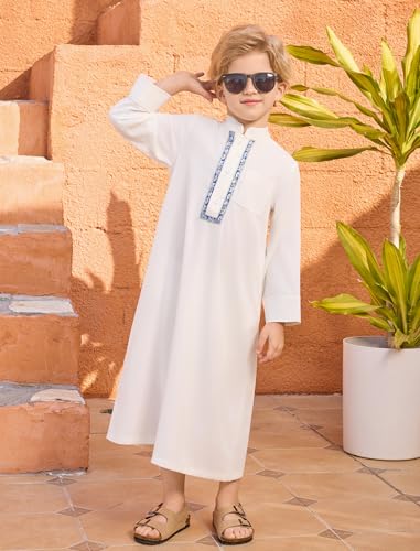 IWEMEK Kids Thobe for Muslim Boys Robe Eid Ramadan Kaftan Dubai Islamic Prayer Clothes Arabic Abaya Ethnic Dress with Pockets - color: White-blue, size: 7-8 Years