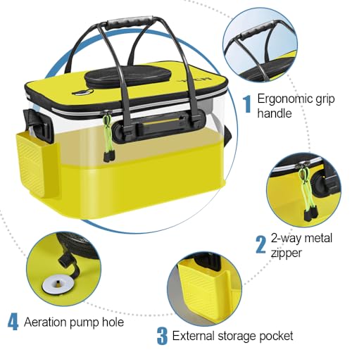 Fish Bucket, Foldable Fishing Bucket with Ergonomic Grip, Portable Transparent Live Fish Container for Outdoor Fishing Camping - color: Black