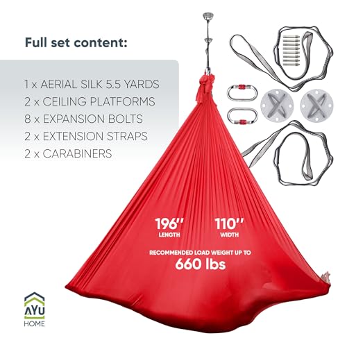 AyuHome Aerial Silks Kit for Home - Premium Yoga Swing for Adults with 660 lbs Capacity - Versatile Aerial Yoga Hammock for Gymnastics Training - color: Aerial silk - Red - New