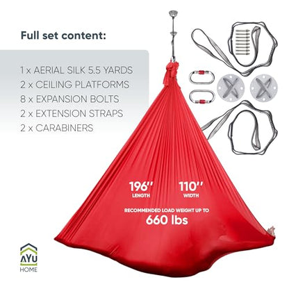 AyuHome Aerial Silks Kit for Home - Premium Yoga Swing for Adults with 660 lbs Capacity - Versatile Aerial Yoga Hammock for Gymnastics Training - color: Aerial silk - Red - New