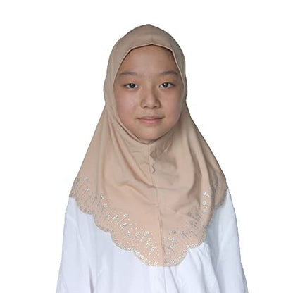 Girls Hijab with Rhinestones – Sparkly Non-Slip Amira Scarf for Kids, for Daily Prayer, School, Ramadan & Eid (Ages 4-12) - color: Light Camel-wavy Edge