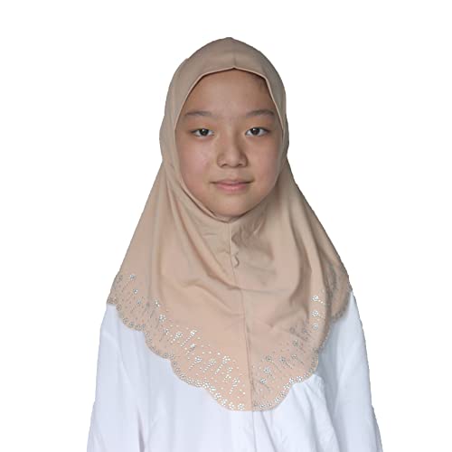 Girls Hijab with Rhinestones – Sparkly Non-Slip Amira Scarf for Kids, for Daily Prayer, School, Ramadan & Eid (Ages 4-12) - color: Light Camel-wavy Edge