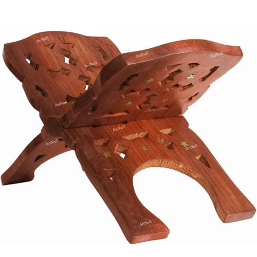 AnNafi® Wooden Book Holder Stand | Rehel/Rehal for Quran Geeta Bible | Indian Book Holders for Reading Hands Free for Desk Gold Stickers | Holy Book Stand Prayer Wood Islam Decor Handmade Gifts