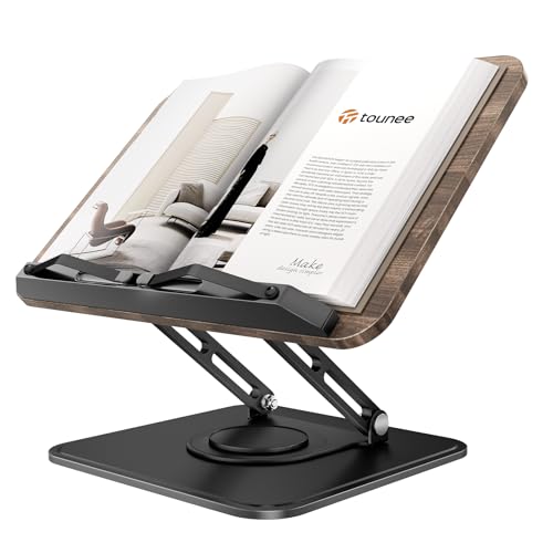 Tounee Book Stand, 360° Rotating Reading Book Holder, Adjustable Cookbook Holder for Reading Hands-Free, Foldable Desktop Recipe Book Stand with Protective Page Clips, Fits All Books - Black