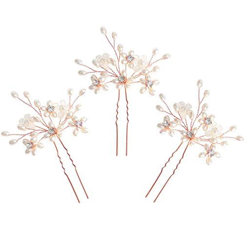 Elegant Pearl Wedding Hair Pins, Pack of 3 (Rose Gold) - color: Rose gold