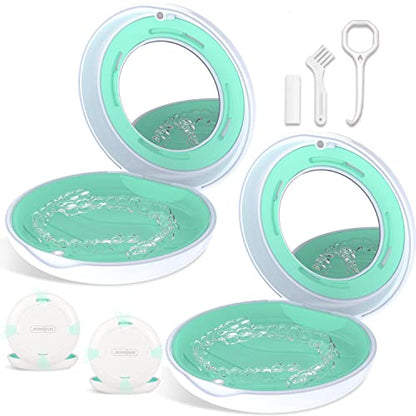 2PCS Retainer Case with Mirror and Adjustable Vent Holes, Cute Slim Aligner Case Compatible with Invisalign, Night Mouth Guard Case, With Retainer Remover Tool, Chew & Brush, White+White - color: Round: White+White