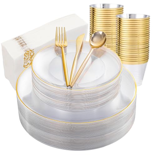 MirthMood 210Pcs Clear and Gold Plastic Dinnerware Set for 30 Guests, Includes 30 Dinner Plates, 30 Dessert Plates, 30 Cups, 30 Napkins, 30 Knives, 30 Forks, 30 Spoons for Wedding, Birthday Party - color: Clear, size: 210