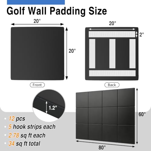 12 Pack Golf Wall Padding, 20" x 20" x 1.2", Indoor Golf Simulator Padding Panels, High Density Foam and PU Surface, for Impact Protection, Noise Reduction, Ideal for Gym, Garage, Playroom, 60 Straps - size: 20" x 20" x 1.2"