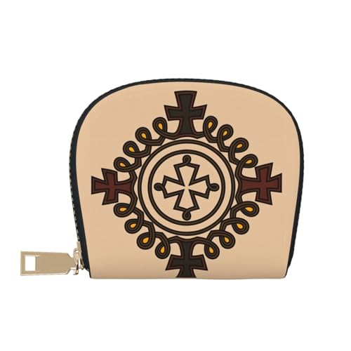 Ethiopian Cross RFID Blocking Semi Circle Card Holder PU Leather Zipper Wallet Pouch Keychain Bag for Women Men, Slim Small Credit Card Case Organizer with 12 Slots - color: Ethiopian Cross2
