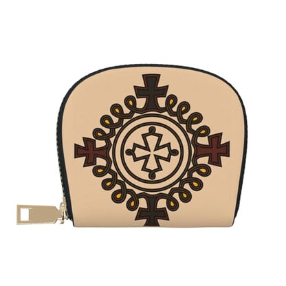 Ethiopian Cross RFID Blocking Semi Circle Card Holder PU Leather Zipper Wallet Pouch Keychain Bag for Women Men, Slim Small Credit Card Case Organizer with 12 Slots - color: Ethiopian Cross2