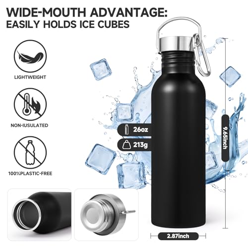 Volhoply 26oz Uninsulated Single Walled Water Bottle, Stainless Steel Reusable Water Bottles with Handle & Carabiner, BPA Free Wide Mouth Water Bottles for Gym Sports Camping（Black,1） - color: Black