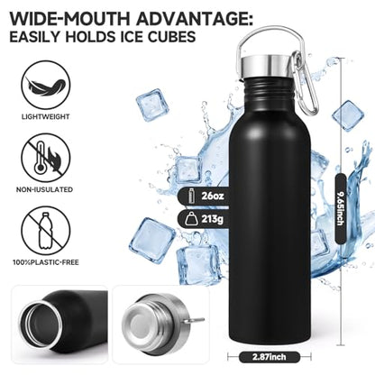Volhoply 26oz Uninsulated Single Walled Water Bottle, Stainless Steel Reusable Water Bottles with Handle & Carabiner, BPA Free Wide Mouth Water Bottles for Gym Sports Camping（Black,1） - color: Black