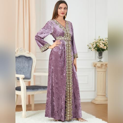 IDOPIP Muslim Women Velvet Dress Embroidery Abayas Long Sleeve V-Neck Moroccan Maxi Kaftan Dubai Robe Arabic Islamic Clothing - color: Light Purple, size: XX-Large