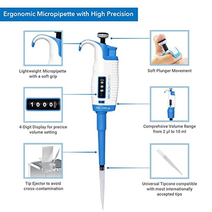 Single-Channel Pipette, Adjustable Volume - Accurate & Calibrated | For 100-1000ul Liquid Capacity, Compatible with 1000ul Pipette Tips - size: 100-1000ul, style: Single-Channel