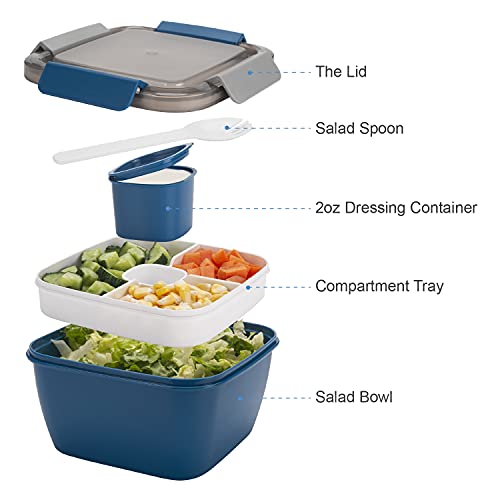 Freshmage Salad Lunch Container To Go, 52-oz Salad Bowls with 3 Compartments, Salad Dressings Container for Salad Toppings, Snacks, Men, Women (Blue) - color: Blue-52oz