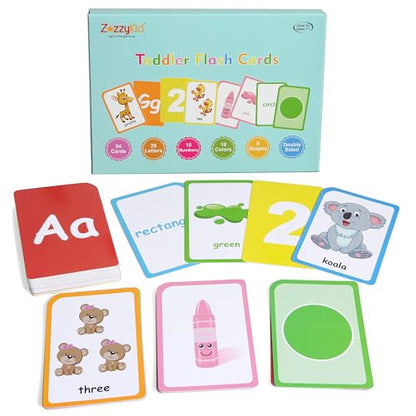 ZazzyKid Flash Cards for Toddlers Learning: 54 Double Sides Flashcards for Alphabets, Numbers, Colors, Shapes - Educational Toys for Preschool