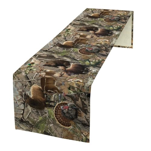 Forest Camouflage Table Runner Dresser Scarves, Camo Rustic Deer Elk Bird Bear Linen Table for Party Kitchen Dining Banquet 13x36in - color: Camouflage, size: 13x36 Inch