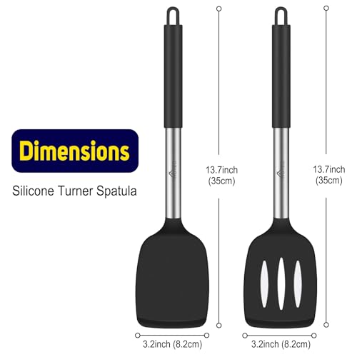HOTEC Silicone Spatula Set of 2, High Heat-Resistant & BPA-Free Kitchen SaptulaTurner with Stainless Steel Handles, Slotted & Solid Spatulas for Nonstick Cookware, 13.7 Inch, Black - color: Black
