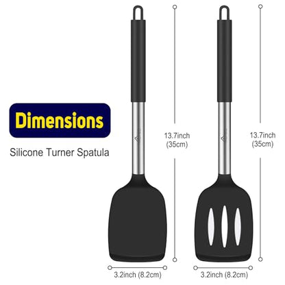 HOTEC Silicone Spatula Set of 2, High Heat-Resistant & BPA-Free Kitchen SaptulaTurner with Stainless Steel Handles, Slotted & Solid Spatulas for Nonstick Cookware, 13.7 Inch, Black - color: Black