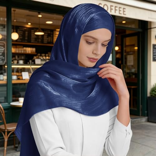 Premium Hijab Head Scarf for Women Lightweight Shimmer Hijab Head Wrap Scarves Crepe Satin Scarf Shawl Wrap - color: Navy Blue