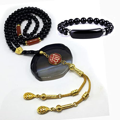 Special Prayer Beads Series -99 beads- Tesbih Tasbih Tasbeeh Misbaha Masbaha Subha Sebha Sibha (Black Shiny Agate Stone and Bracelet -6 mm Small Beads-)