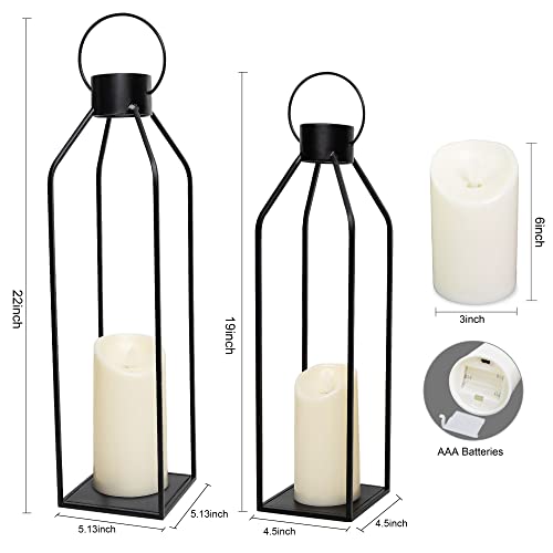 HPC Decor 55.9cm(22인치) 48.3cm(19인치) 랜턴 장식, 깜박이는 타이머 양초 포함 - 대형 톨 블랙 메탈 캔들 랜턴 2개 세트 - 실내, 실외, 탁상, 현관을 위한 현대적인 농가 장식 (유리 없음) - size: 22inch and 19inch（Black）