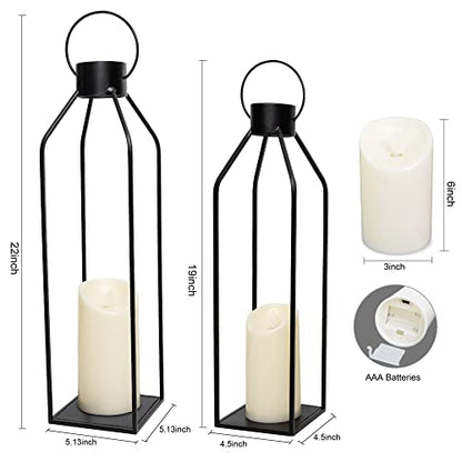 HPC Decor 55.9cm(22인치) 48.3cm(19인치) 랜턴 장식, 깜박이는 타이머 양초 포함 - 대형 톨 블랙 메탈 캔들 랜턴 2개 세트 - 실내, 실외, 탁상, 현관을 위한 현대적인 농가 장식 (유리 없음) - size: 22inch and 19inch（Black）