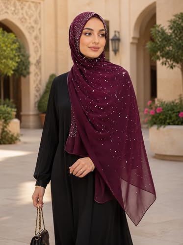 Chiffon Hijab Scarf for Women, Rhinestone Pearl Muslim Head Scarf, Lightweight Shawl Wrap - color: Purplish-red