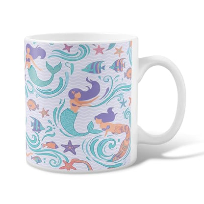 Mermaid Ceramic Coffee Mug, Underwater Playful Fish Starfish Summer Aqua Novelty Office Drinking Cup with Handle Ideal for Friendship Family Colleague Staff Sweetheart Teachers 11 Oz - size: 11 Ounces