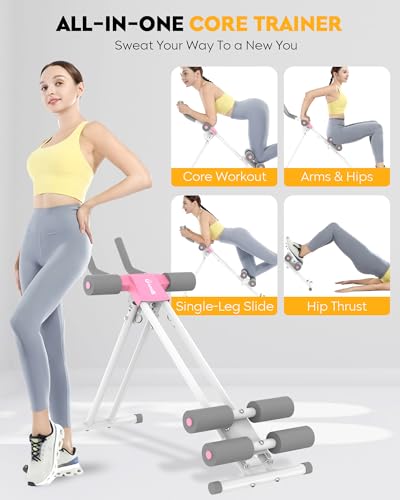 GuuG Ab Machine Ab Trainer Machine : Adjustable Ab Machine for Stomach Workout at Home Gym Ab Workout Foldable Core Strength Training Equipment Home Gym System - style: Pink Ab Machine