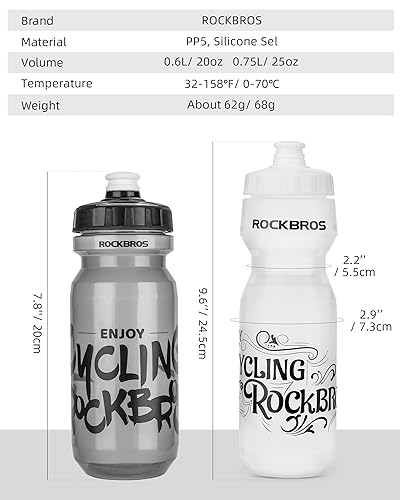 ROCKBROS Bike Water Bottle, 20-25oz BPA-Free Leakproof Squeeze Bottle | Material: PP5 20-25oz bottle; Safety: BPA/BPS-free; Design: Leakproof high-flow cap; Fits most bike cages - color: 20oz Black Grey