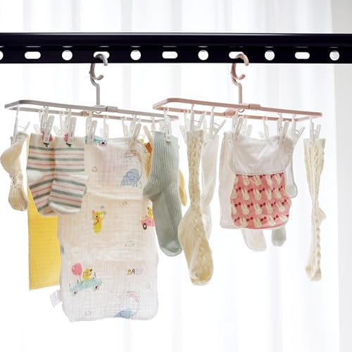 Foshine Clothes Drying Racks 2 Pack Small Folding Portable Underwear Hangers with 12 Clips 360° Rotatable Hook for Socks Drying Towels Bras Baby Clothes Gloves Plast 3 pcs Traceless Hook. - color: Gray,pink-2 Pack