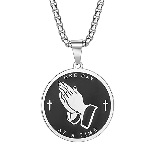 Serenity Prayer Necklace Praying Hands Coin Pendant for Men Women - color: B:Silver