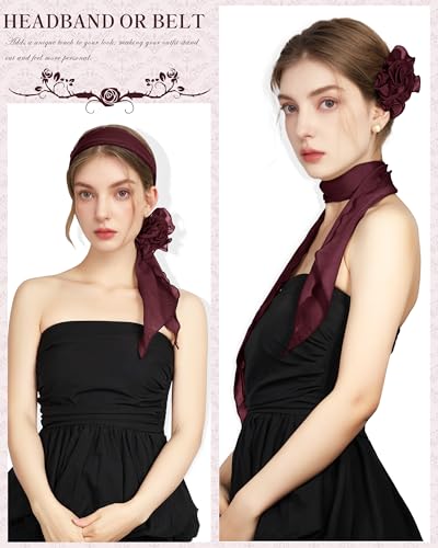Chiffon Scarf for Women, Removable Flower Neck Scarf Light Soft Fashion Rose Scarves Versatile Headband or Hair Band - color: Burgundy Big Flower