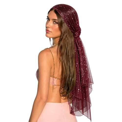 Sequin Scarf for Women Lightweight Mesh Shawl Wrap Bandana Hijab Headscarf for Summer Evening Dress - color: Burgundy