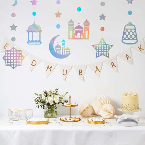 Iridescent Ramadan Decorations for Home, 6 Pcs Star Moon Mosques Garland Islamic Hanging Streamers Backdrop Holographic Eid Mubarak Banner for Birthday Wedding Night Party Supplies