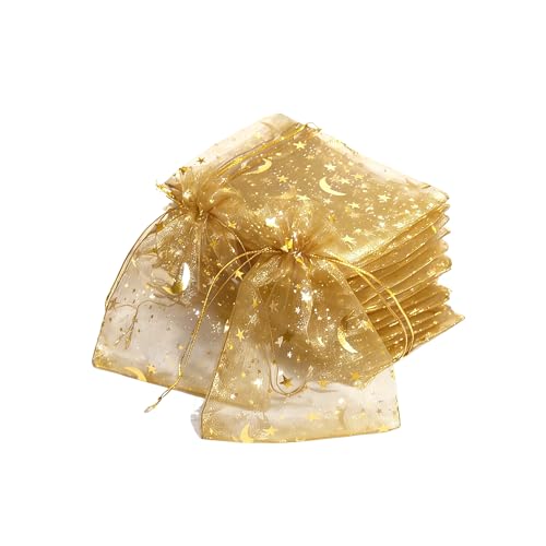 TYPAILYX 60 Pieces Moon Star Organza Jewelry Candy Bags, 3x4inch Gold Little Mesh Candy Gift Bags, Organza Favor Gift Pouches with Drawstrings for Weddings Parties and Valentine's Day - color: Gold