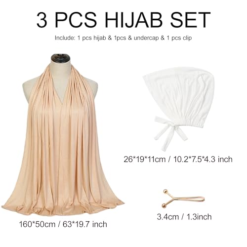 Hijab Scarf for Women, 3PCS Set with Undercap and Hijab Clip Lightweight Modal Muslim Head Wrap Scarf for Daily - color: Sy20-beige Hijab+white Undercap